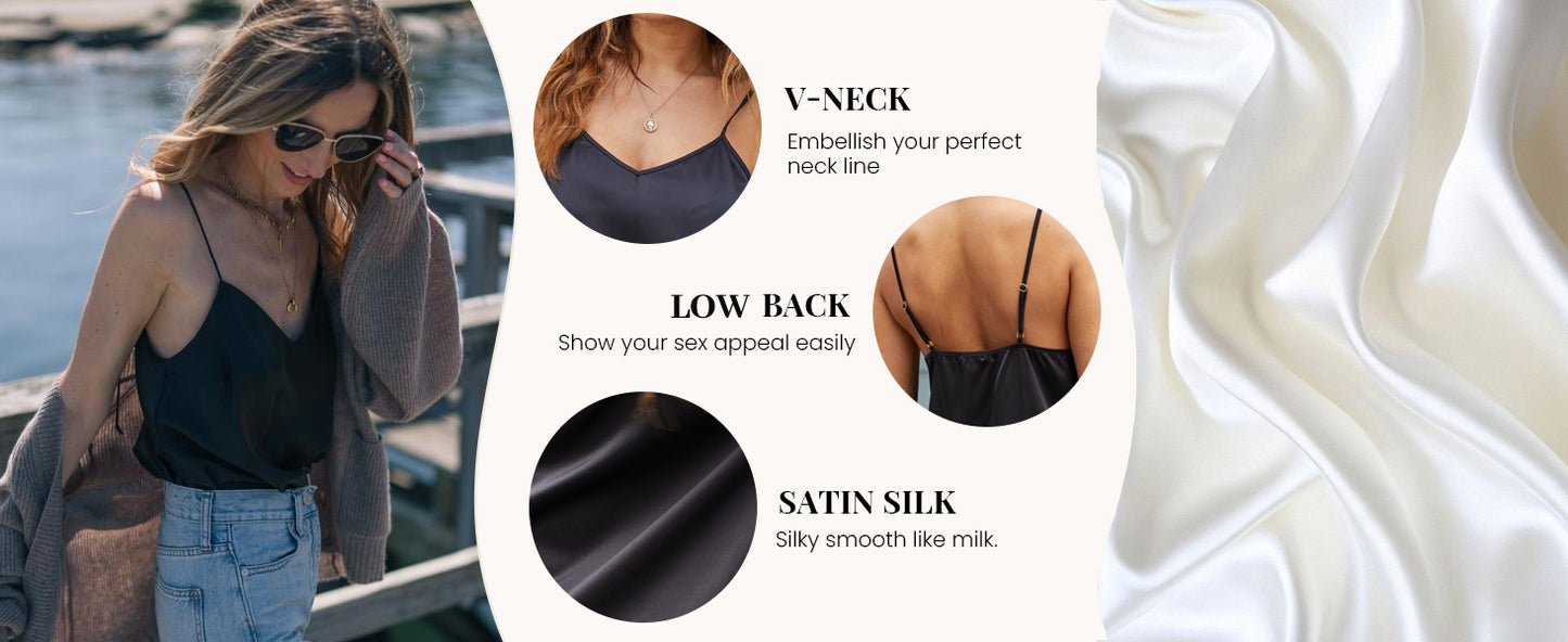 Ekouaer Womens Silk Satin Tank Tops V Neck Camisole Spaghetti Strap Top Summer Basic Blouse