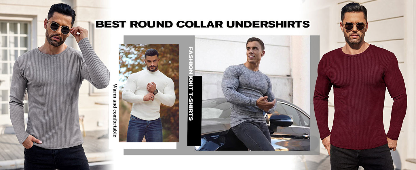 Ekouaer Men's Long Sleeve Shirts Ribbed Pullover Tees Sim Fit Thermal Tops Crew Neck Stretchy Undershirts