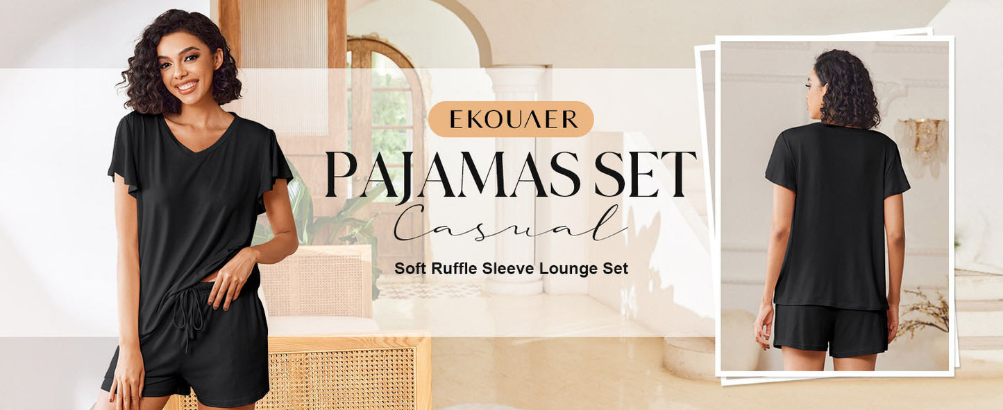 Ekouaer Women's Pajamas Set Ruffle Sleeves Sleepwear V Neck Comfy 2 Piece Pjs Loungewear Set with Pockets