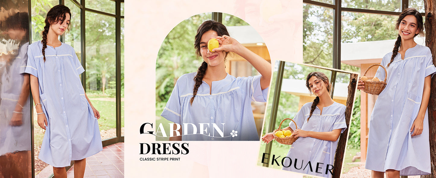 Ekouaer House Dress for Women with Pockets Button Down Duster Housecoat Short Sleeve Mumu Nightgown