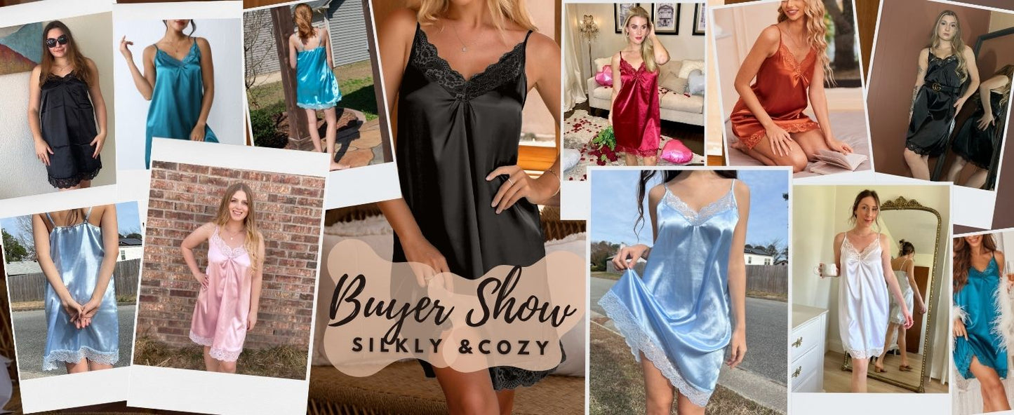 Ekouaer Women's Nightgown Satin Nightgowns for Women V-neck Lace Chemise Sleepwear Soft Lingerie for Women