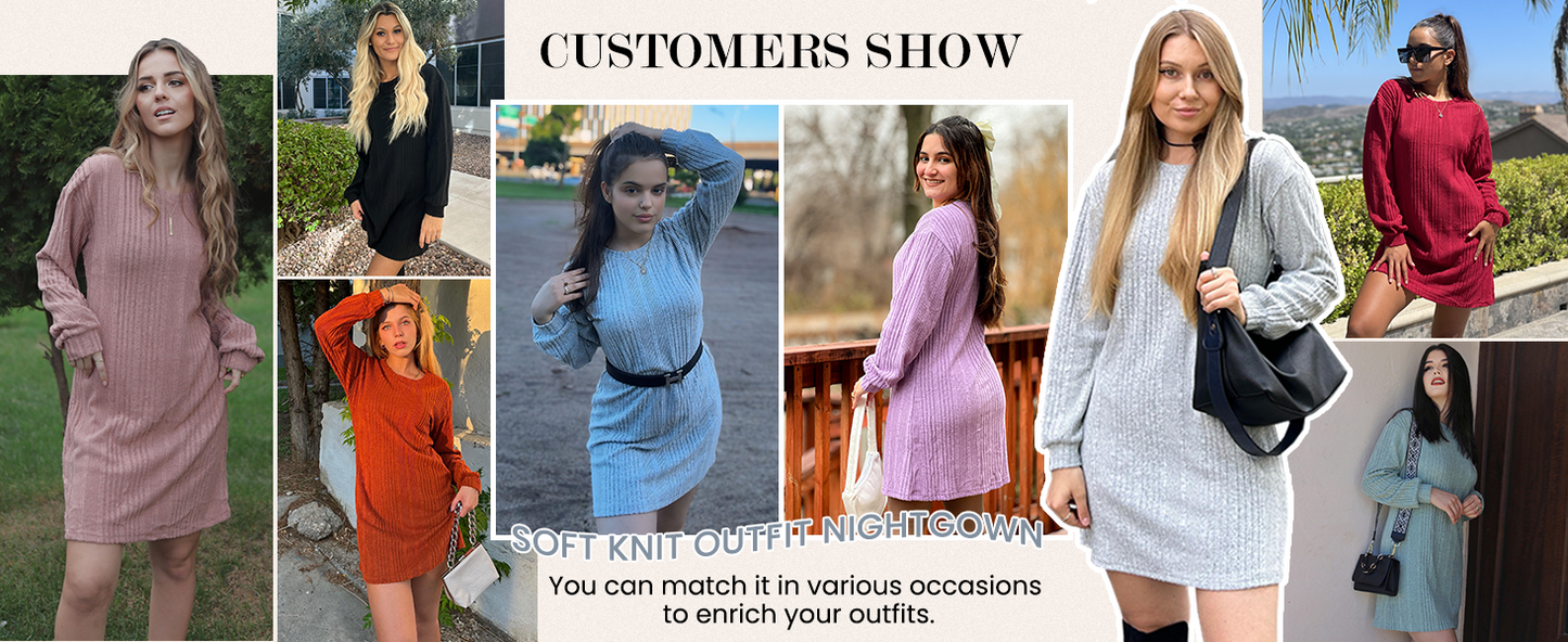 Ekouaer Women's Nightgown Long Sleeve Ribbed Knit Nightshirt Round Neck Sleep Shirt Soft Sweater Dress