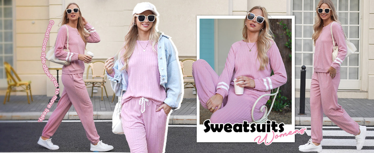Ekouaer Lounge Sets for Women Ribbed Knit Outfits Pajamas Sets 2 Piece Long Sleeve Sweatsuits with Pockets