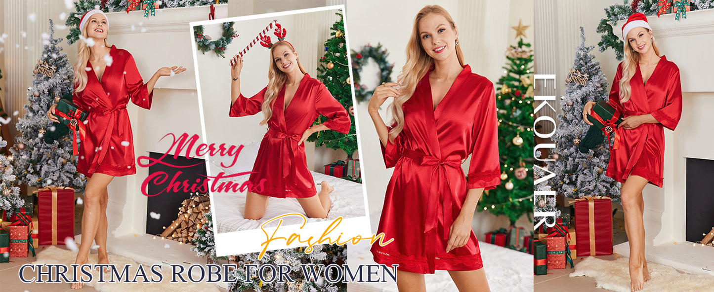 Ekouaer Women's Lace-Trim Silk Robes Bride Bridesmaid Satin Bathrobe V Neck Sleepwear with 3/4 Sleeve