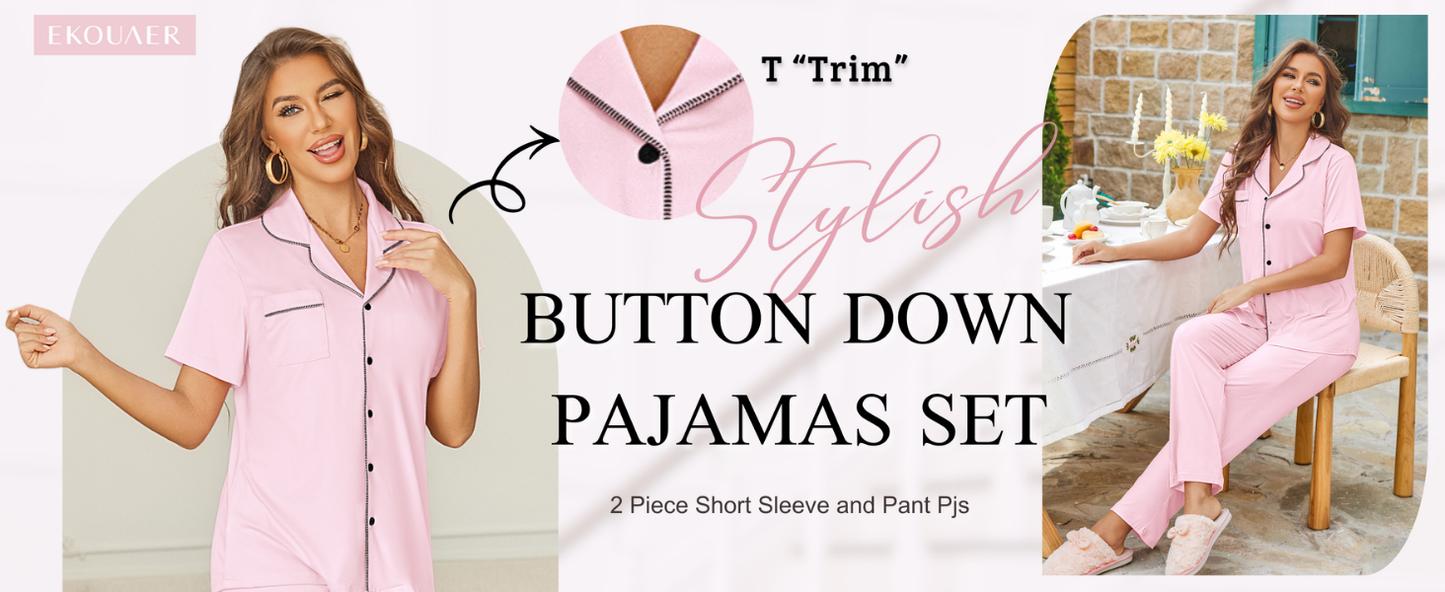 Ekouaer Womens Pajama Sets Button Down Pjs 2 Piece Short Sleeve Sleepwear with Pants Soft Loungewear