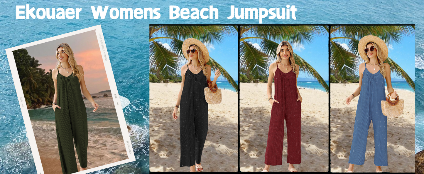 Ekouaer Sleeveless Womens Jumpsuits Ribbed Adjustable Spaghetti Strap Loose Long Pants Romper Jumpsuit