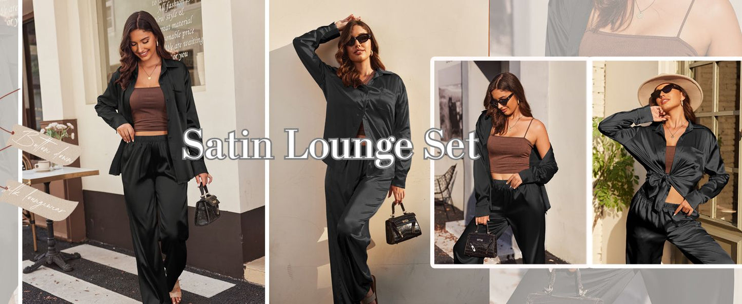 Ekouaer Womens Satin Silky Pajama Set 2 Piece Print PJs Soft Loungewear Button Down Sleepwear with Elastic Waist Long Pants