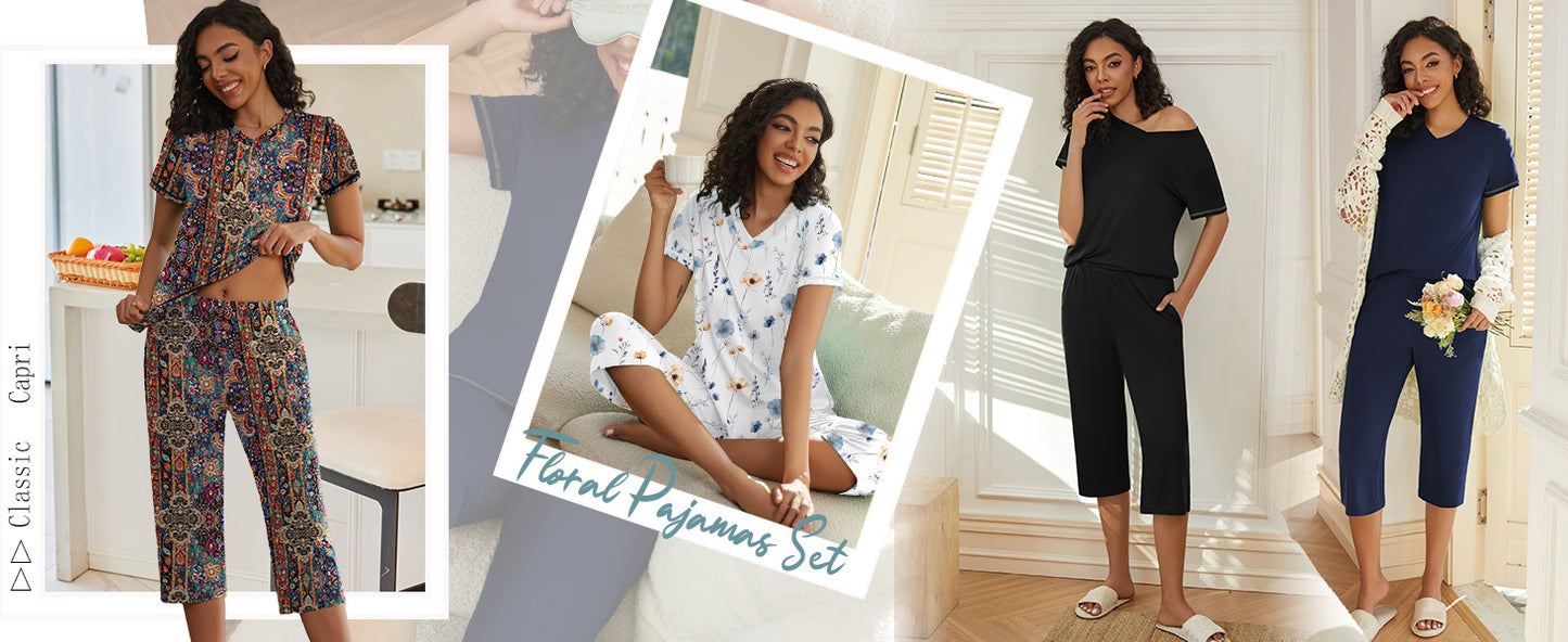 Ekouaer 2 Pack Women's Pajamas Short Sleeve Sleepwear Tops and Capri Pants Pjs