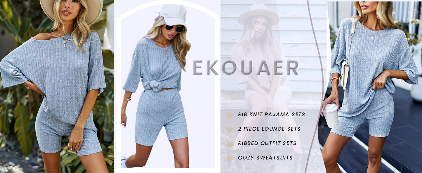 Ekouaer Pajamas 2 Piece Lounge Sets Ribbed Knit Matching Outfits T-shirt Biker Shorts Sleepwear Loungewear Sweatsuits