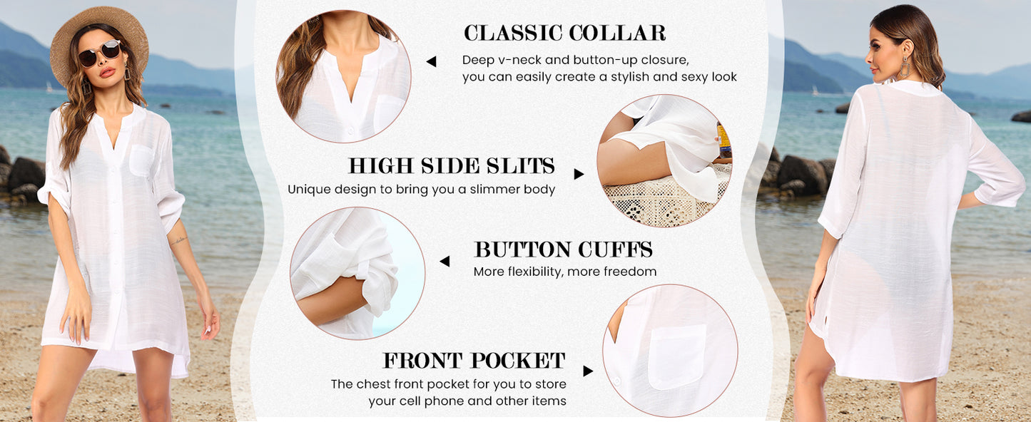 Ekouaer Bathing Suit Cover Up for Women V Neck Button Down Swimsuit Coverup Beach Dress Shirt