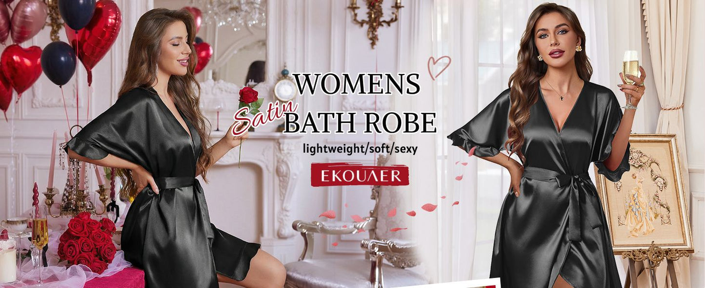 Ekouaer Womens Silk Ruffle Robe Short Satin Robe Half Sleeve Bathrobe Bridesmaid Wedding Party Dressing Gown