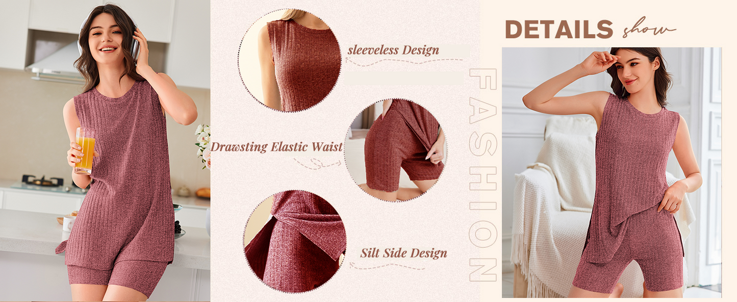 Ekouaer Womens 2 Piece Lounge Set Ribbed Knit Pajamas Sleeveless Sleepwear Biker Shorts Loungewear Outfit