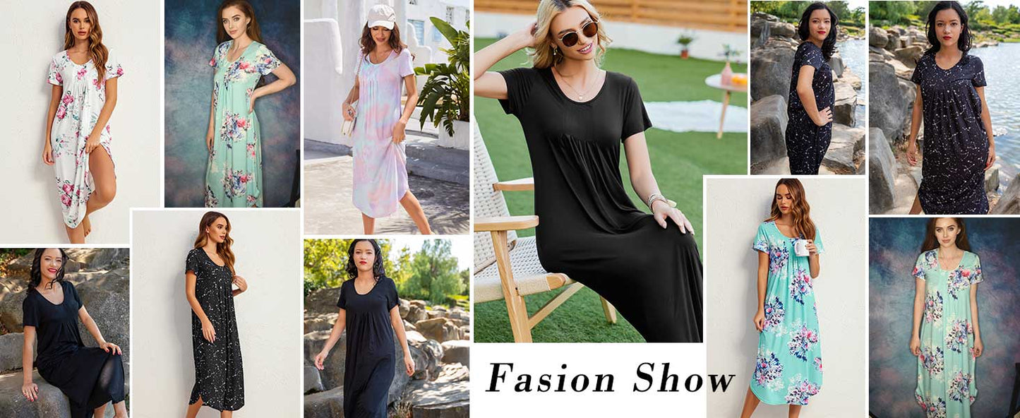 Ekouaer Long Nightgowns for Women House Dress Plus Size Sleepwear Pleated Full Length Loungwear