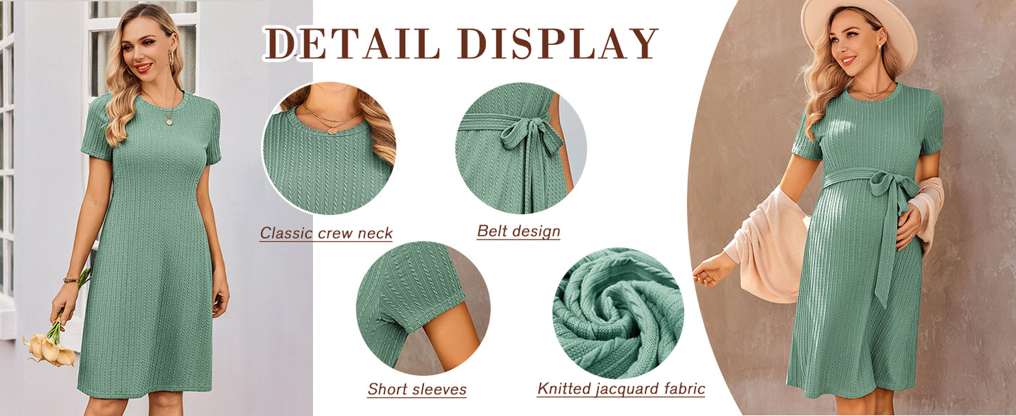 Ekouaer Women's Maternity Dress Short Sleeve Casual Pregnancy Dresses Rib Knit Crewneck Pregnant Clothes with Belt