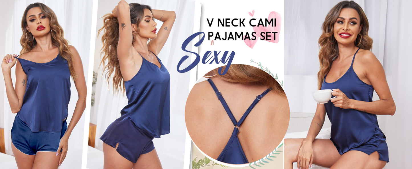 Ekouaer Silk Pajamas Set for Women Satin Lingerie Pjs Cami Top and Shorts Soft 2 Piece Nightwear