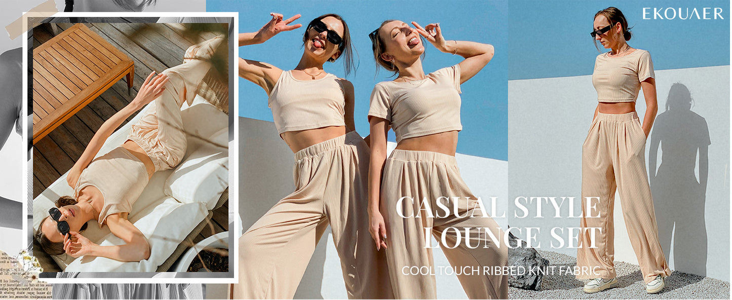 Ekouaer Women's Pajamas 2 Piece Lounge Set Ribbed Knit Loungewear Sleeveless Tank Top Wide Leg Pants