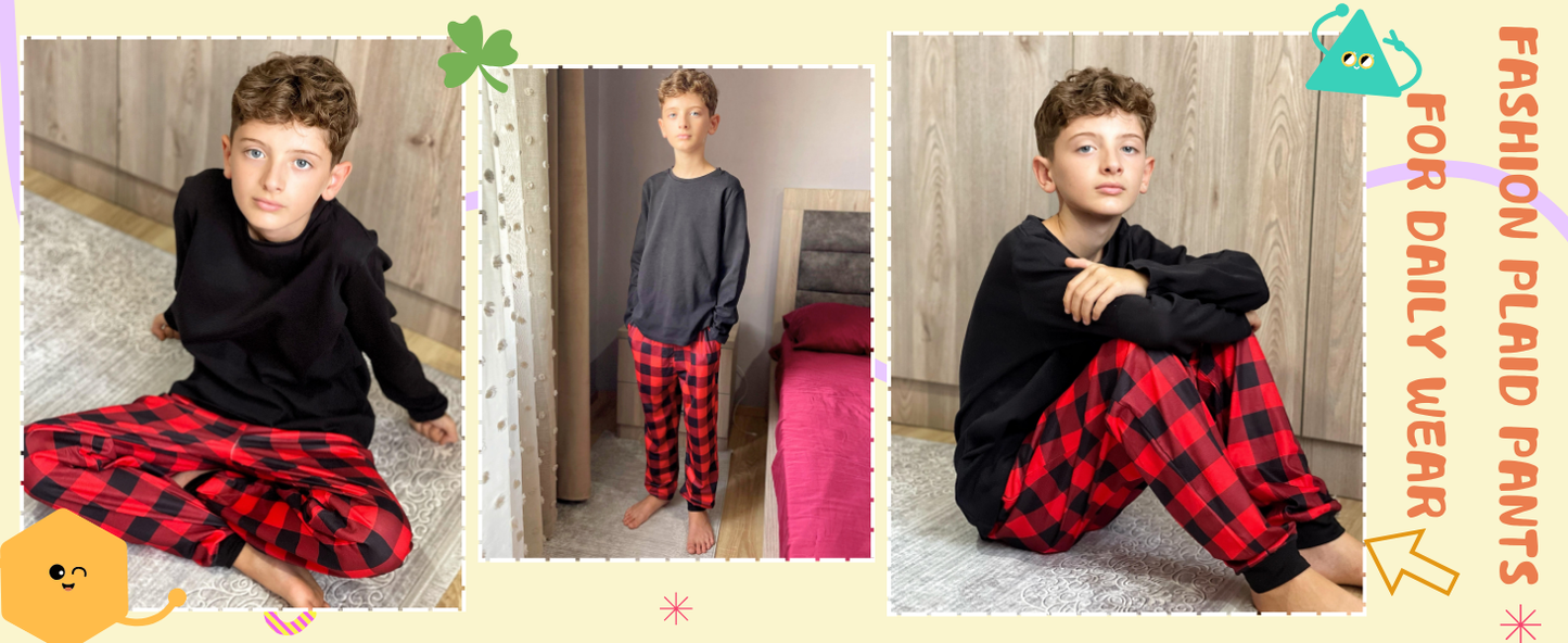 Ekouaer Boys Jogger Pajama Pants Long Plaid Pj Pants Elastic Waistband Lounge Pants with Pockets