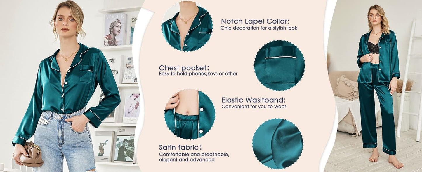 Ekouaer Women's Classic Button Down Long Satin Silk Pajama Set