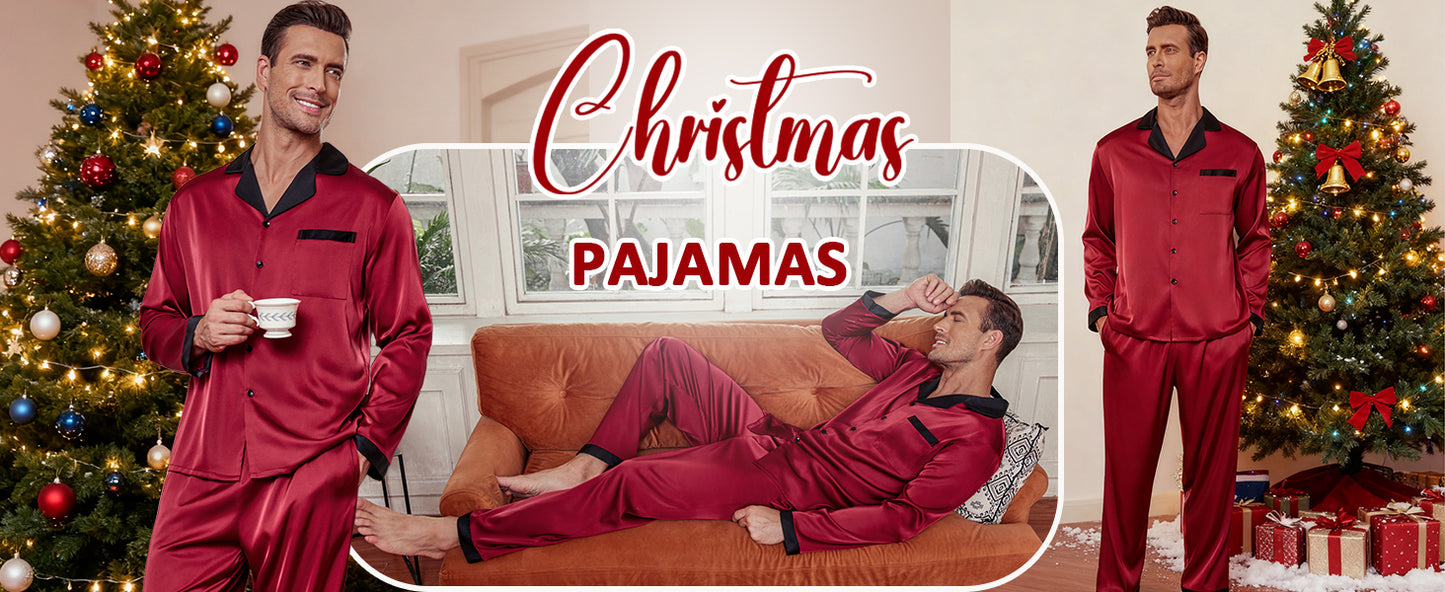 Ekouaer Men's Silk Pajama Set Long Satin Loungewear 2 Piece Pjs Classic Button Down Sleepwear Black Red L