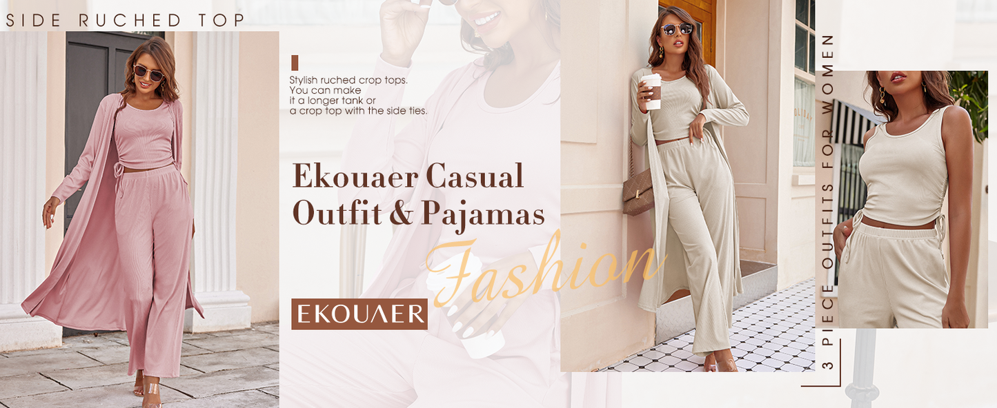 Ekouaer Women's 3 Piece Lounge Set Pajama Long Sleeve Cardigan Sleeveless Top Pants Sweatsuit