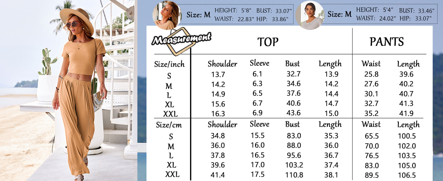 Ekouaer Women's 2 Piece Lounge Sets Short Sleeve Pajama Set Ribbed Knit Crop Top Wide Leg Pants Loungewear